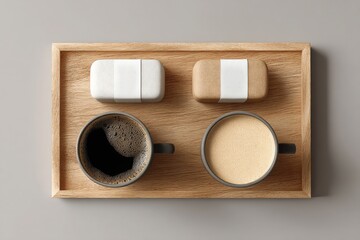 Coffee and sugar cubes on a textured tray; neutral background; perfect for coffee lovers; raff coffee.