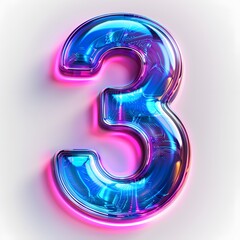 Illuminated Digit: A vibrant number three shines with a neon glow, rendered in a polished, transparent style, set against a clean backdrop.