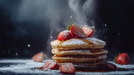 National Pancake Day, A stack of fluffy golden pancakes with maple syrup slowly flowing on top, garnished with fresh strawberry slices and powdered sugar. AI generated images.