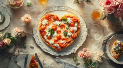 Heart-Shaped Pizza Romantic Dinner Still Life