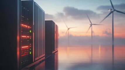 Server farm at sunset with wind turbines - Powered by Adobe