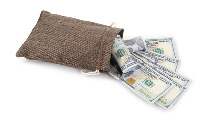 Money bag with dollar banknotes isolated on white