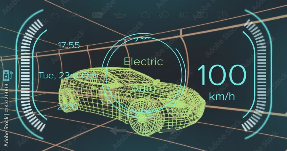 Poster 3d neon green wireframe car being visualized over grid while displaying digital hud speed reading
