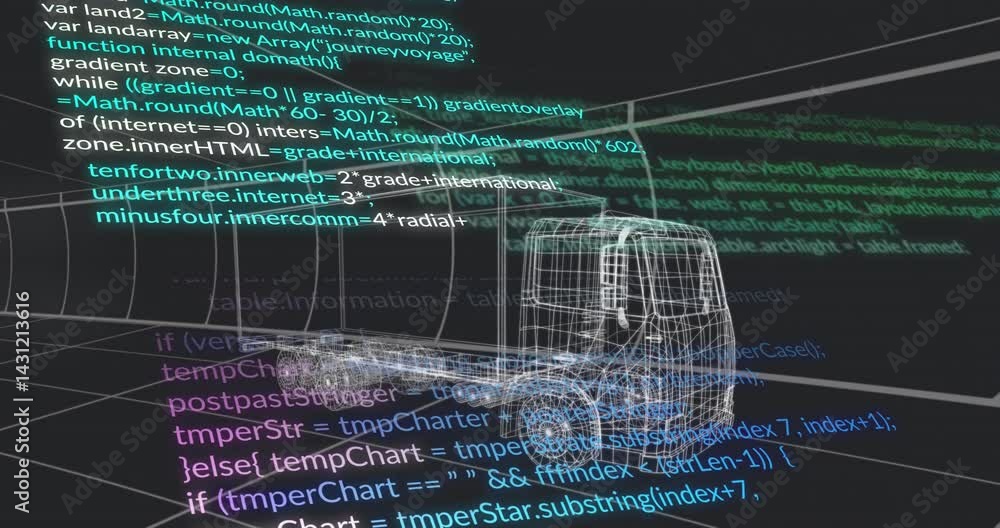 Poster 3d wireframe cargo truck floating above perspective grid, displaying code overlays in cad interface