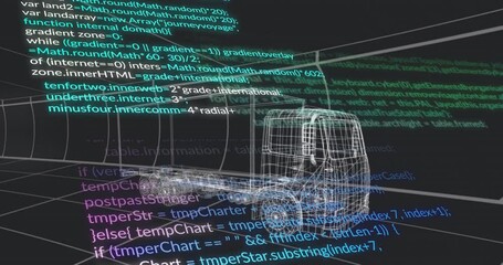 3D wireframe cargo truck floating above perspective grid, displaying code overlays in CAD interface - Powered by Adobe