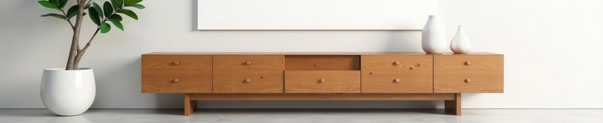 Sleek wooden sideboard, modern decor, white wall backdrop, apartment, sculpture