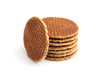 Stack of tasty round waffles isolated on white