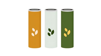 Colorful cylindrical containers with leaf motifs for eco-friendly packaging and sustainable design inspiration
