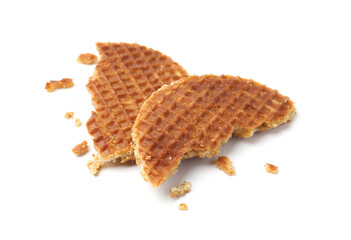 Pieces of tasty round waffle isolated on white