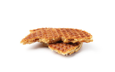 Pieces of tasty round waffle isolated on white