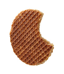 Bitten round Dutch waffle isolated on white