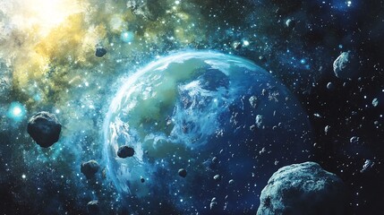 Dreamy Watercolor Illustration of Asteroids Orbiting a Luminous Earth