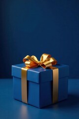 Obraz premium Sophisticated blue gift box, golden bow detail, dark blue backdrop Copy space , top, christmas