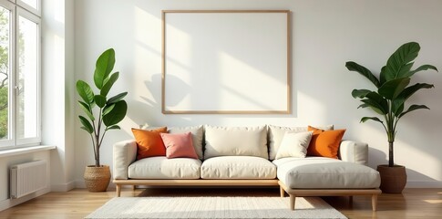 Spacious sunlit living room, blank poster above sofa, interior, interior design, home