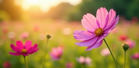 Obraz premium Cosmos flowers sway gently in a summer field, vibrant petals bathed in sunlight , summer, serene