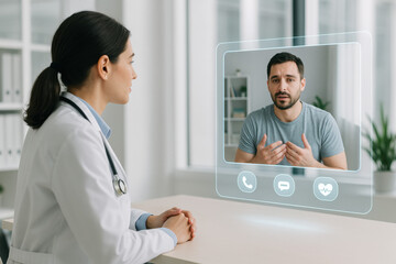 Consultations médicales à distance avec interface de télémédecine intelligente — patient en visioconférence avec médecin grâce à une technologie de santé connectée