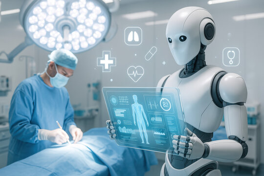 Robot intelligent assistant un chirurgien dans un bloc op&eacute;ratoire moderne, avec interface holographique de donn&eacute;es m&eacute;dicales &mdash; concept d&rsquo;IA en m&eacute;decine