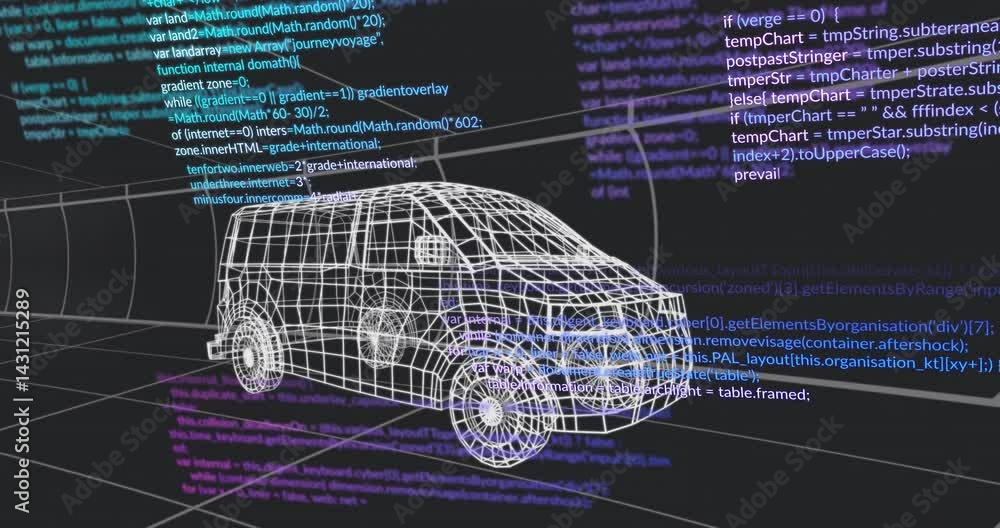 Poster wireframe van 3d model floating over grid floor while cyan white purple code snippets swirling