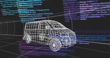 Wireframe van 3D model floating over grid floor while cyan white purple code snippets swirling - Powered by Adobe