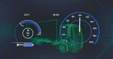 Wireframe trailer truck moving through virtual grid, displaying eco?power gauge and speedometer - Powered by Adobe