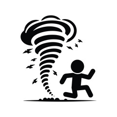 man running away from tornado, hurricane danger icon, sticks stickman figure human silhouette, warning sign