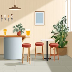 Modern minimalist bar interior with wooden stools, brewing taps, and bright natural light