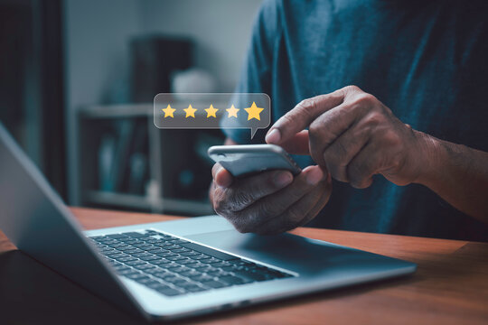 man give five star rating to service experience on online application Customer review satisfaction feedback survey  Customer can evaluate quality of service leading to reputation ranking