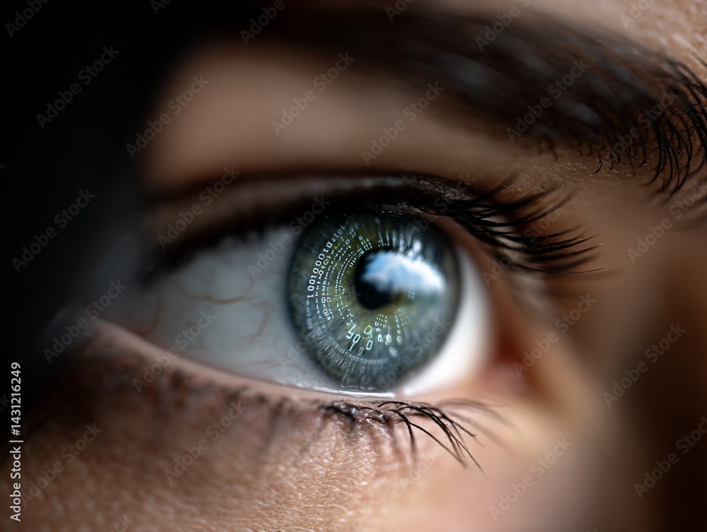 Poster close-up view of a human eye, showcasing intricate digital patterns within