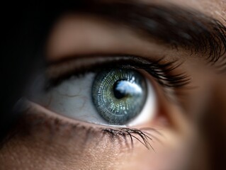 Naklejka premium Close-up view of a human eye, showcasing intricate digital patterns within