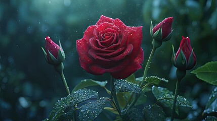 Radiant crimson rose blooms in dewy twilight.