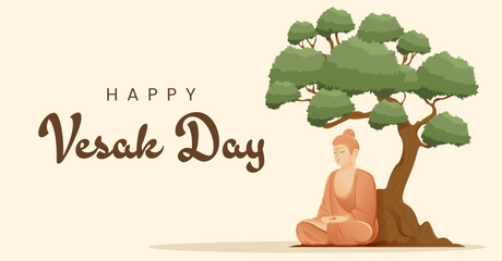Fototapeta na wymiar Vesak Day Creative Concept for Card or Banner. Vesak Day is a holy day for Buddhists. Happy Buddha Day with Siddhartha Gautama Statue Design Vector Illustration