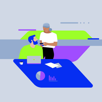 coworking space
team collaboration
office illustration
modern workplace
business meeting
flat design
minimalist vector art
corporate diversity
data presentation
creative workspace
reading at