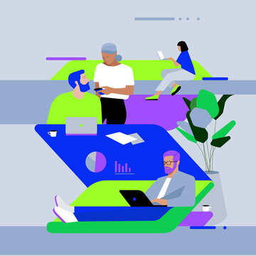 coworking space
team collaboration
office illustration
modern workplace
business meeting
flat design
minimalist vector art
corporate diversity
data presentation
creative workspace
reading at