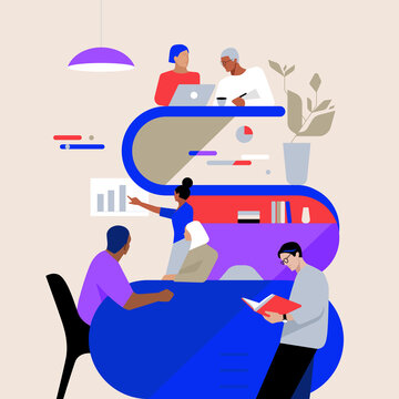 coworking space
team collaboration
office illustration
modern workplace
business meeting
flat design
minimalist vector art
corporate diversity
data presentation
creative workspace
reading at