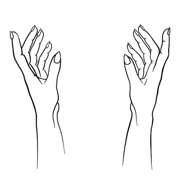 Raised praying hands, woman's hands raised in celebration prayer praise with long nails, sermon church welcoming community black outline line drawing vector illustration png