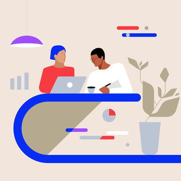 coworking space
team collaboration
office illustration
modern workplace
business meeting
flat design
minimalist vector art
corporate diversity
data presentation
creative workspace
reading at