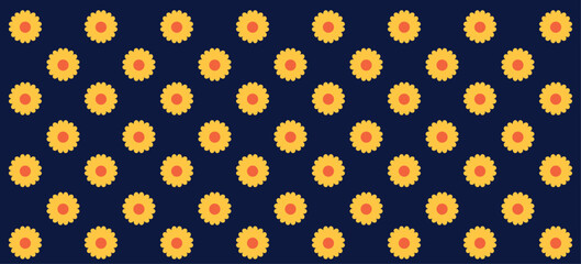 A decorative seamless pattern featuring neat rows of yellow sunflowers contrasted against a black background. Perfect for modern designs, artistic inspirations, and creating vibrant backgrounds.