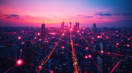 Fototapeta premium Sunset Cityscape: Networked Metropolis at Dusk