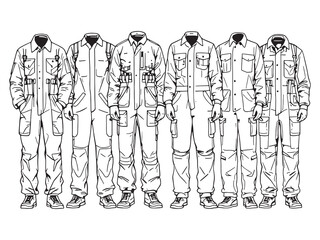 Utility jumpsuit line art detailed outline of stylish workwear drawing