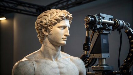 A marble statue of a young man is displayed in a modern setting, showcasing a blend of classical art and contemporary technology.