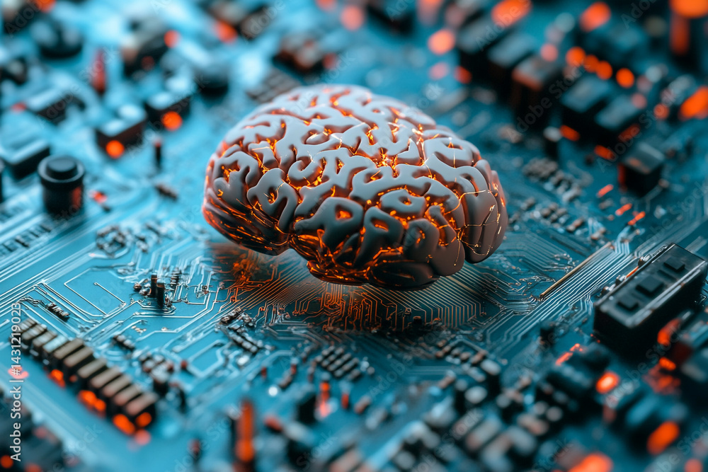 Poster glowing brain on a circuit board artificial intelligence concept