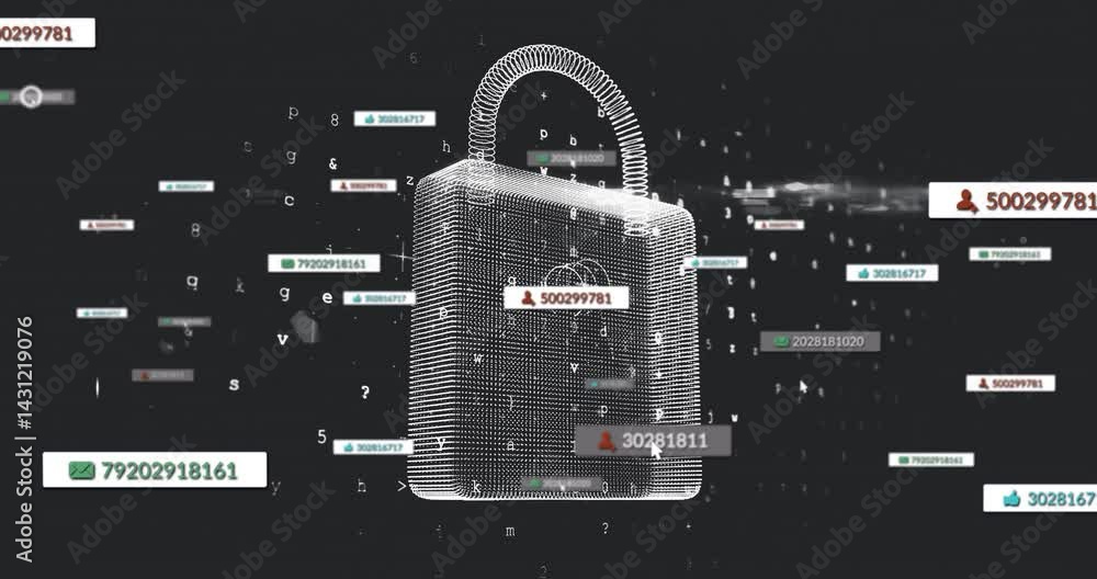 Poster 3d wireframe padlock floating in dark cyberspace, displaying numeric codes, envelope, person icons