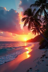 Fiery sunset hues illuminate palm trees on pristine tropical beach, tranquil ocean, Caribbean, exotic
