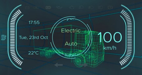 Wireframe truck hologram spinning inside tunnel, showing speedometer gauge, electric mode selector - Powered by Adobe