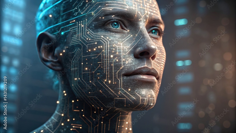 Poster a futuristic visage adorned with intricate circuit patterns, blending human features with technology