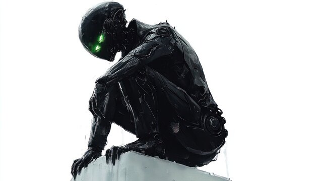 Futuristic robot crouching, surveillance, urban rooftop