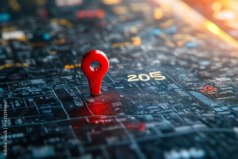Poster red location pin on a dark detailed map showing number 205