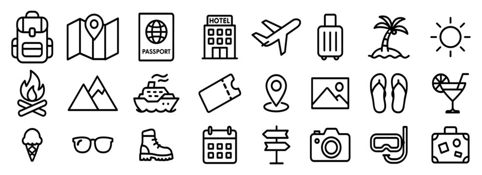 Essential vacation preparation symbolized in a crisp, simple set of outline icons. Discover planning journey