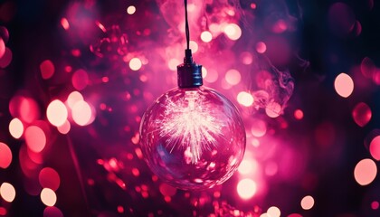 A glowing, glass orb light bulb suspended amidst a vibrant pink and purple bokeh background.  Intricate light trails within the bulb and wispy smoke create an ethereal, festive atmosphere