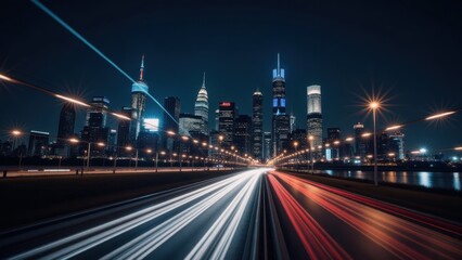 Fototapeta premium Shanghai Skyline at Night: Pudong Skyscrapers and Speeding Car Light Trails, Modern Urban Landscape